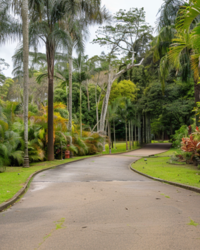 A pathway between lush green trees in Sao Paulo Botanical Gardens