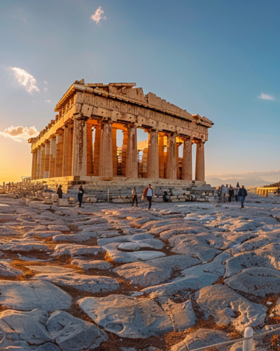 A scenic view of the Acropolis in Athens at sunset with the Parthenon bathed in golden light and a few tourists exploring the ancient ruins.