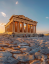 A scenic view of the Acropolis in Athens at sunset with the Parthenon bathed in golden light and a few tourists exploring the ancient ruins.