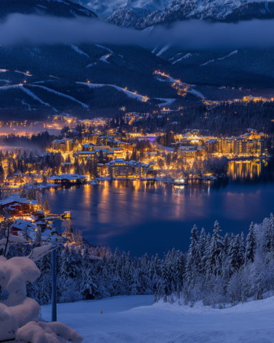 A snowy evening in Whistler Village.