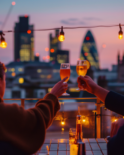 Friends enjoying drinks at a rooftop bar.