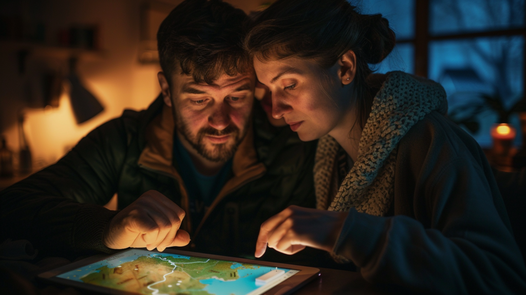 Couple planning Croatia trip with map and tablet.