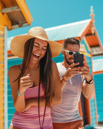 A couple enjoys a playful photo session at West Beach.