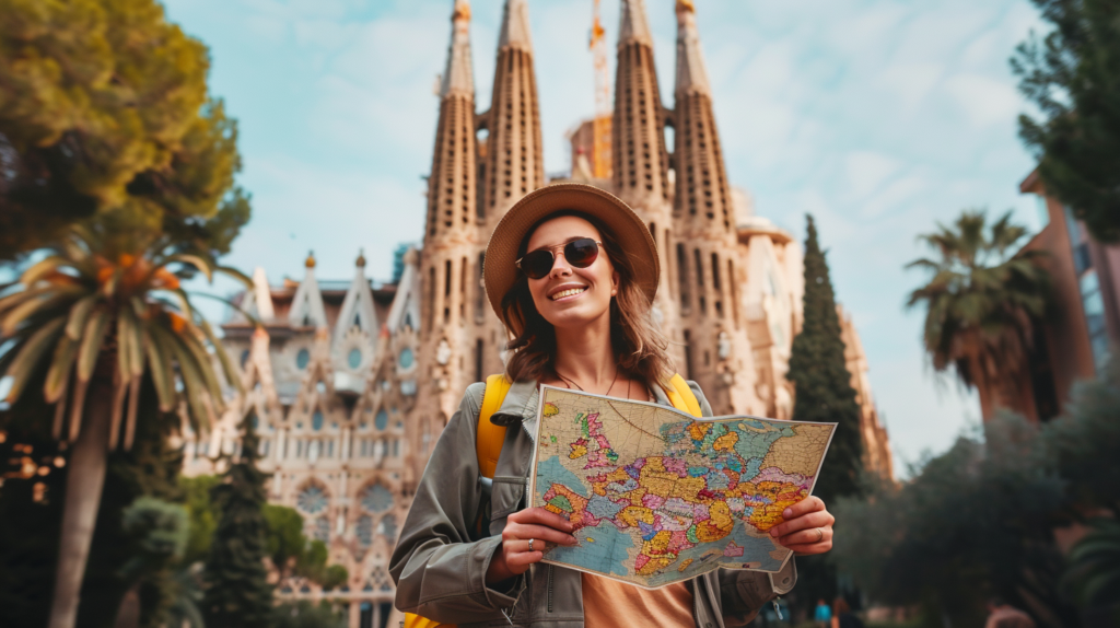 A smiling tourist exploring Barcelona's iconic Sagrada Familia while holding a map.