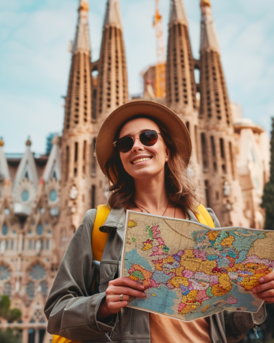 A smiling tourist exploring Barcelona's iconic Sagrada Familia while holding a map.