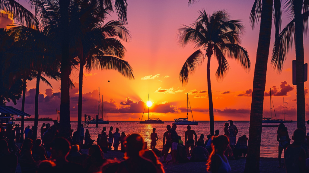 Silhouetted figures revel in the breathtaking sunset at Mallory Square in Key West.