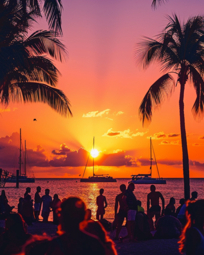 Silhouetted figures revel in the breathtaking sunset at Mallory Square in Key West.