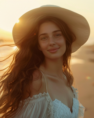 A young woman enjoying a serene sunset on a Gulf Shores beach.