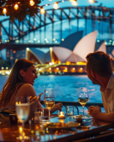 A couple dining by Circular Quay with a view of Sydney Opera House at dusk.
