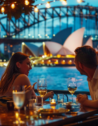 A couple dining by Circular Quay with a view of Sydney Opera House at dusk.