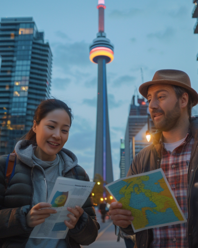 Diverse group plans their visit with the CN Tower in the backdrop.