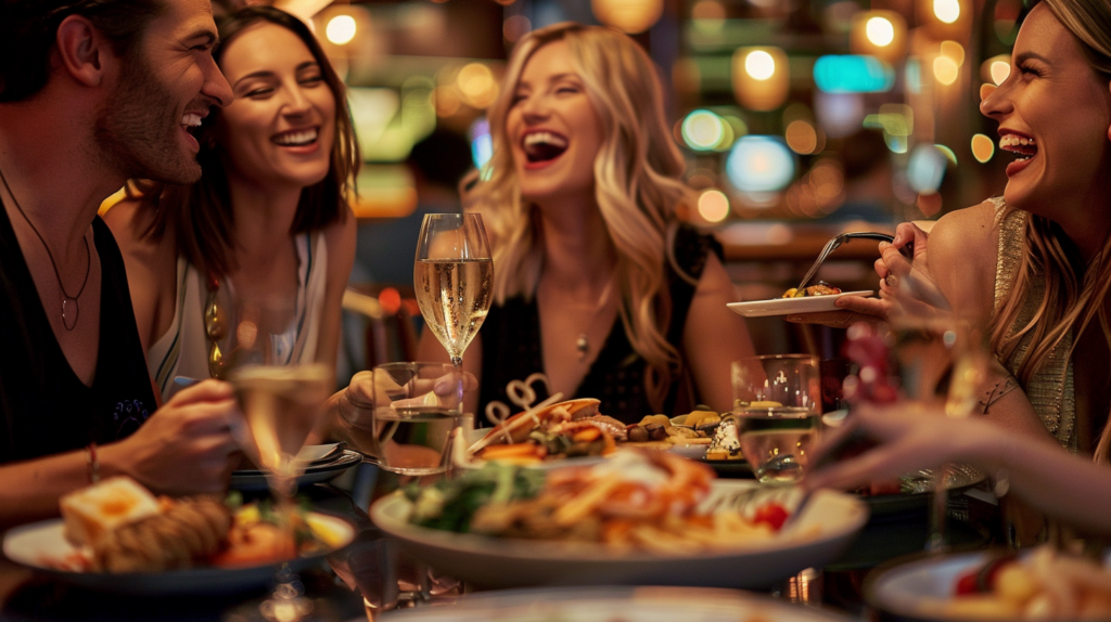 Friends share a gourmet meal in a luxurious Vegas restaurant.