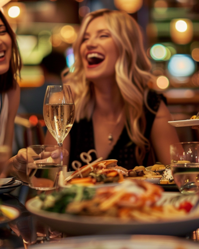 Friends share a gourmet meal in a luxurious Vegas restaurant.