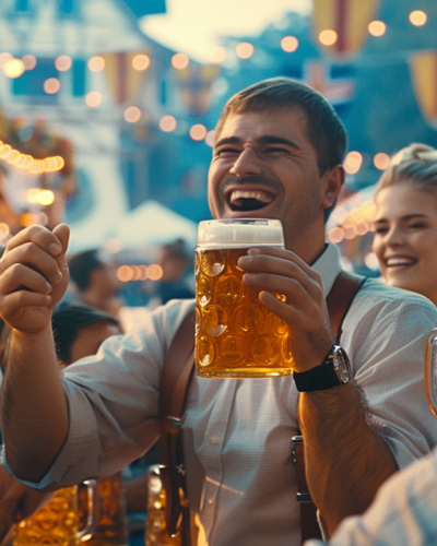 Friends celebrating with festbier at Munich’s lively Oktoberfest.