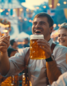Friends celebrating with festbier at Munich’s lively Oktoberfest.