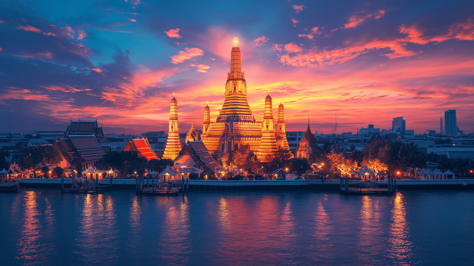 Sunset over Wat Arun, a jewel in Bangkok, Thailand's skyline