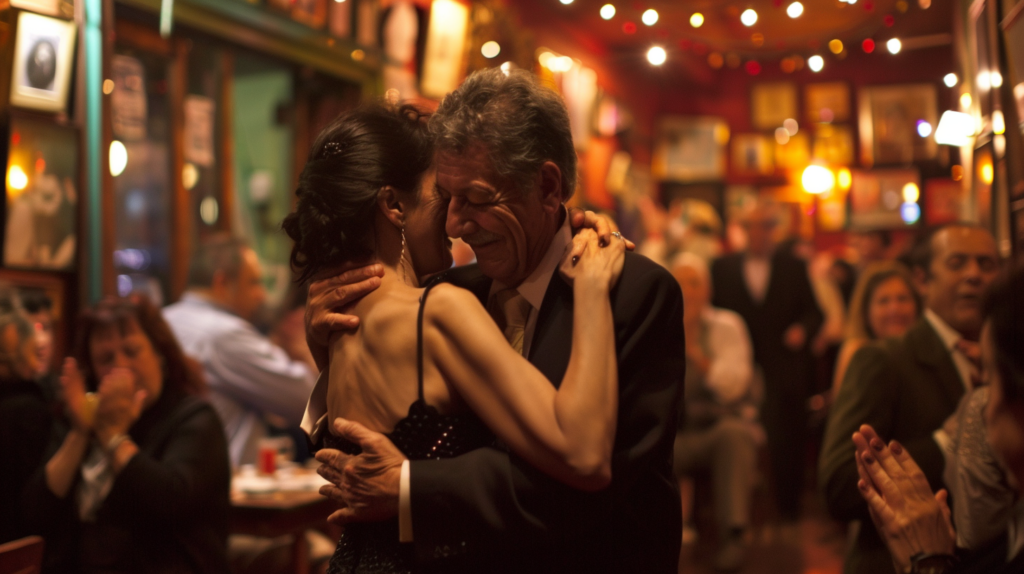 Couples dancing tango in a Buenos Aires milonga, audience clapping, intimate setting.