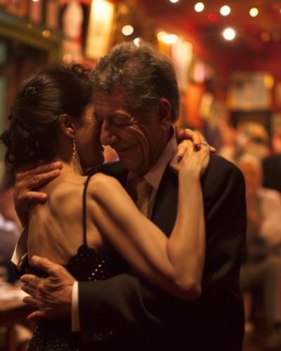 Couples dancing tango in a Buenos Aires milonga, audience clapping, intimate setting.