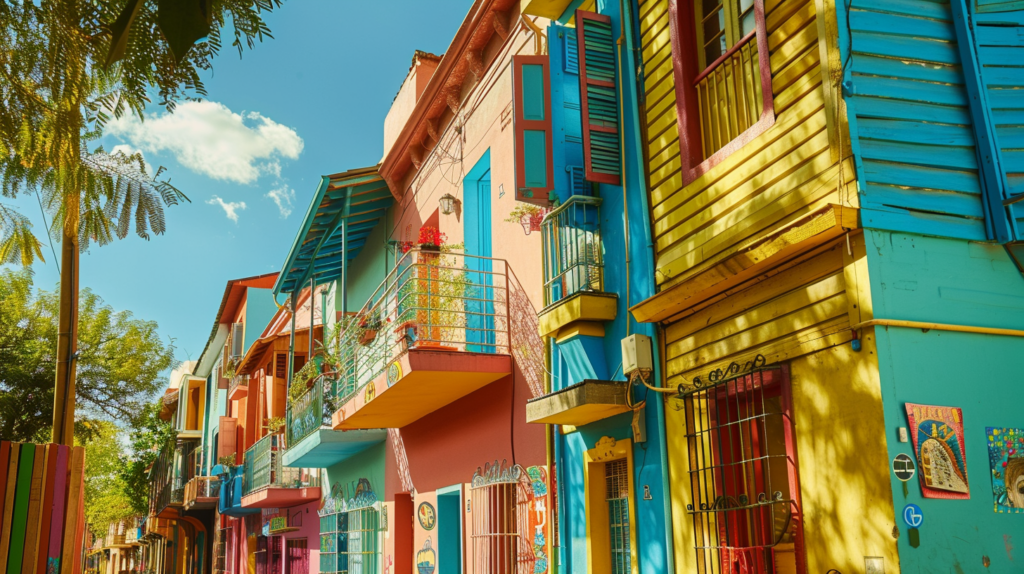 Brightly painted houses and street artists in La Boca, Buenos Aires.