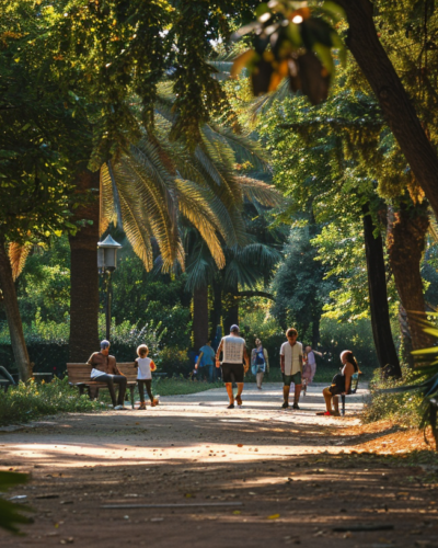 Relaxing afternoon at the National Garden in Athens with lush greenery, a family having a picnic, and people strolling.