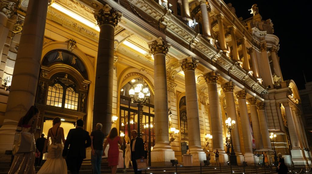 Elegantly dressed attendees arriving at Teatro Colon in Buenos Aires for an evening performance.