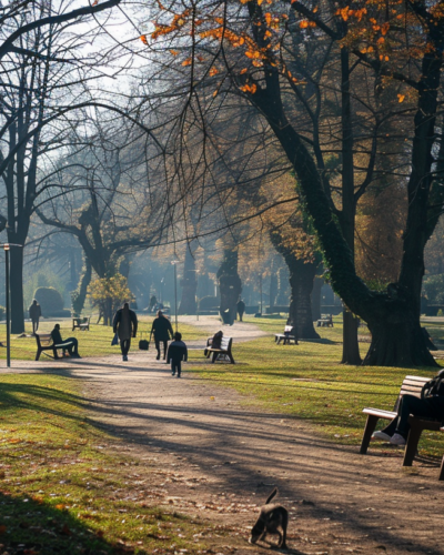 A tranquil scene in Parco Sempione in Milan, Italy with people jogging, walking their dogs, and relaxing on benches.