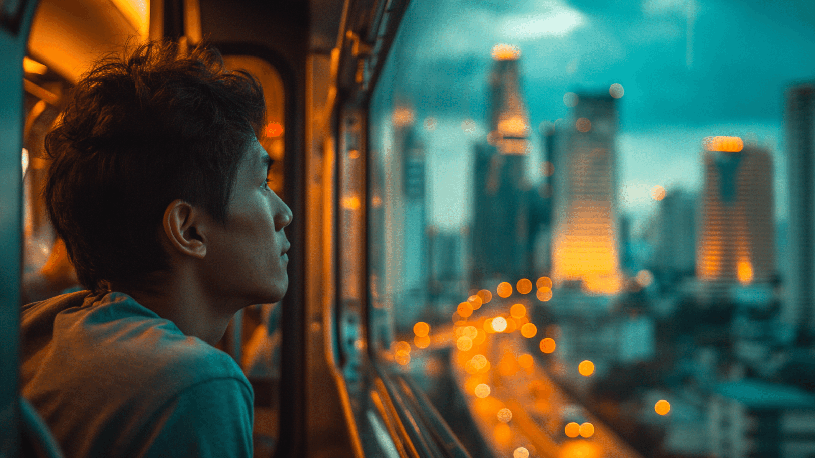 Man lost in thought looking at Bangkok’s skyline