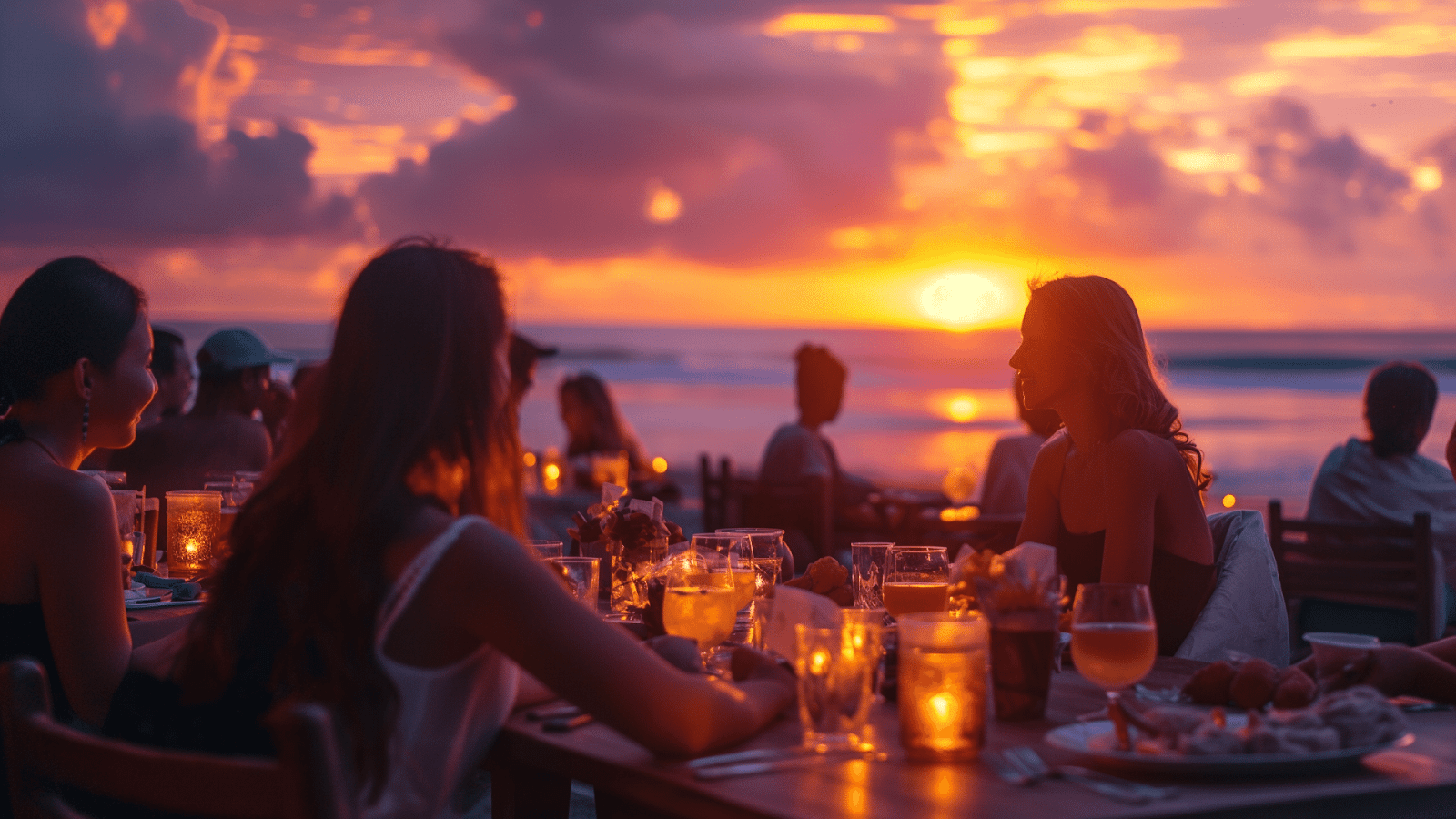 Diners watch the sun dip into the sea at a Bali beachfront restaurant