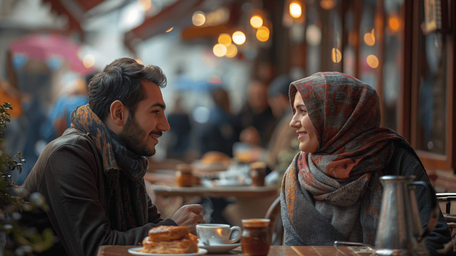 A couple enjoying Turkish tea and baklava at a bustling café in the historic district of Istanbul