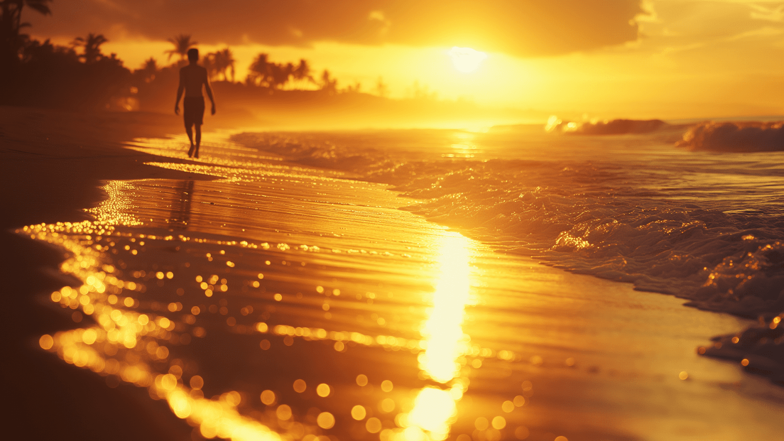 A man on a solitary walk along a golden-lit Bali beach at sunset, moments of peace