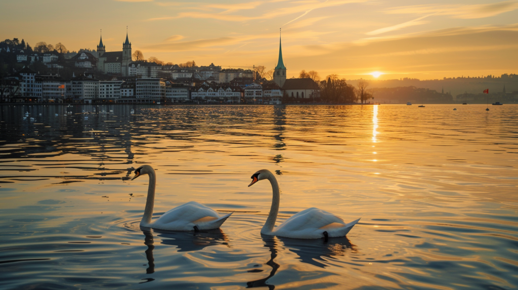 Sunset over Lake Zurich with swans on the water and the cityscape in the distance under golden hour lighting.