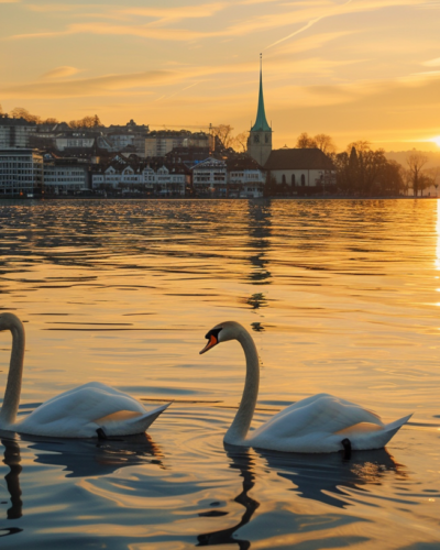 Sunset over Lake Zurich with swans on the water and the cityscape in the distance under golden hour lighting.