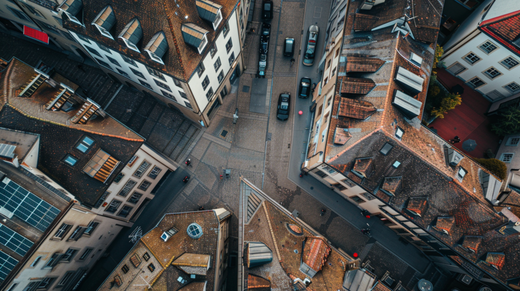 Aerial midday view of Zurich's Old Town, featuring cobblestone streets and historic medieval architecture.