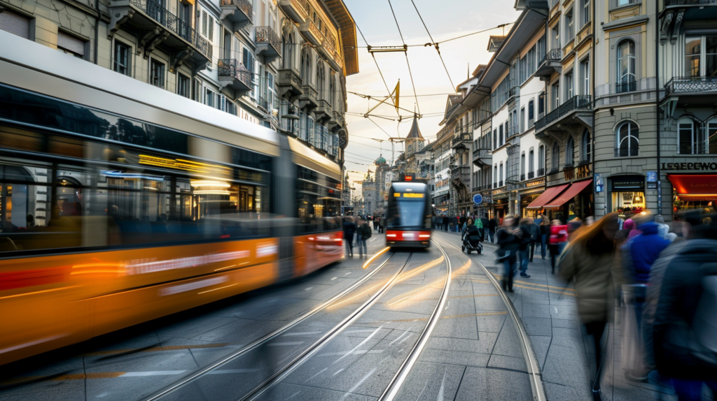 Busy day on Bahnhofstrasse in Zurich with luxury shoppers and trams, capturing the dynamic urban life.
