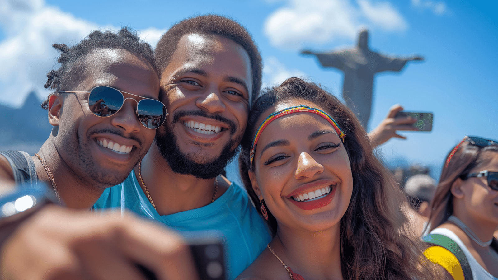 Friends taking a selfie with Christ the Redeemer in the background