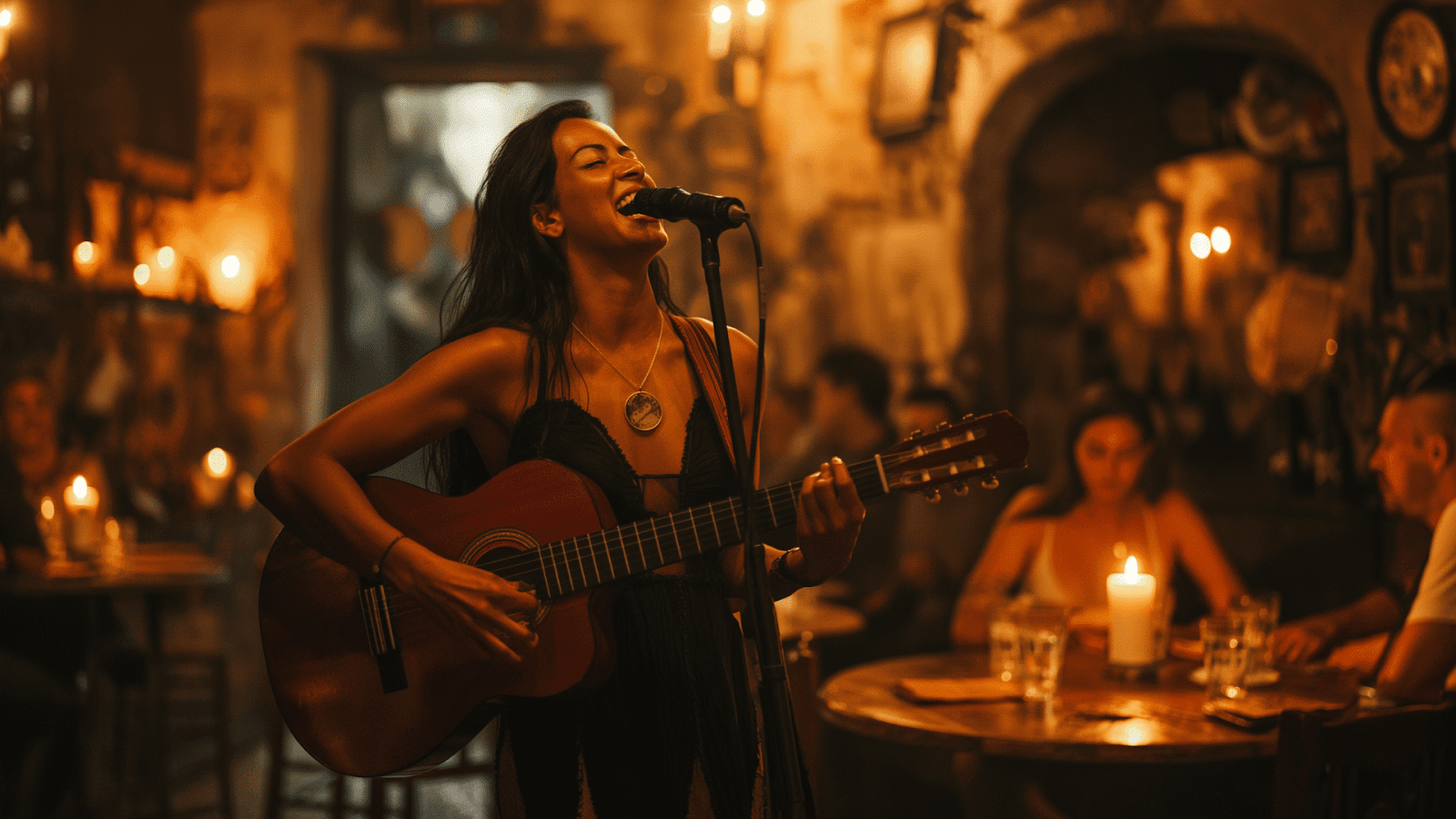 A musician performing live in a cozy Lisbon bar