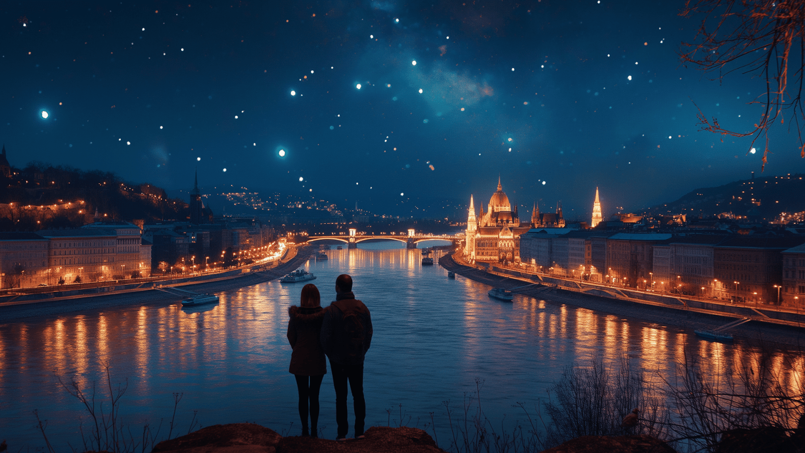 A couple gazes over the Danube, the city lights reflecting like stars in the river