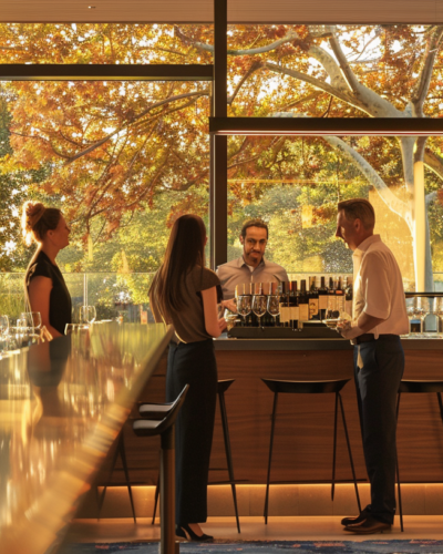 Guests enjoying wine in an elegant tasting room in Napa Valley.