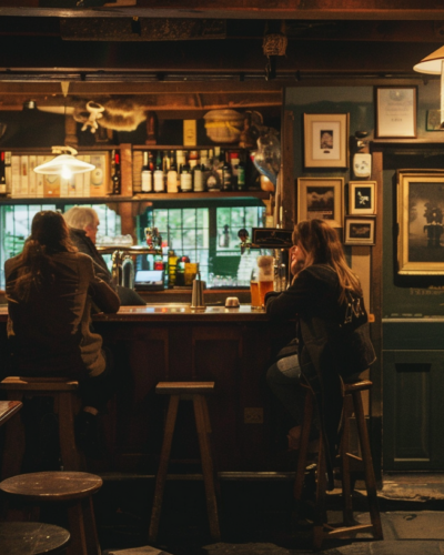 Locals in a cozy traditional pub in the Cotswolds, England.
