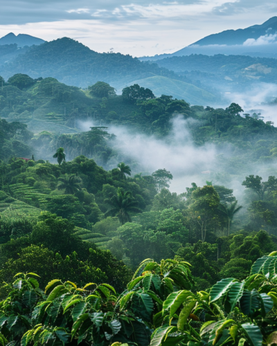 Misty morning view of the Blue Mountains and coffee plantations in Jamaica.