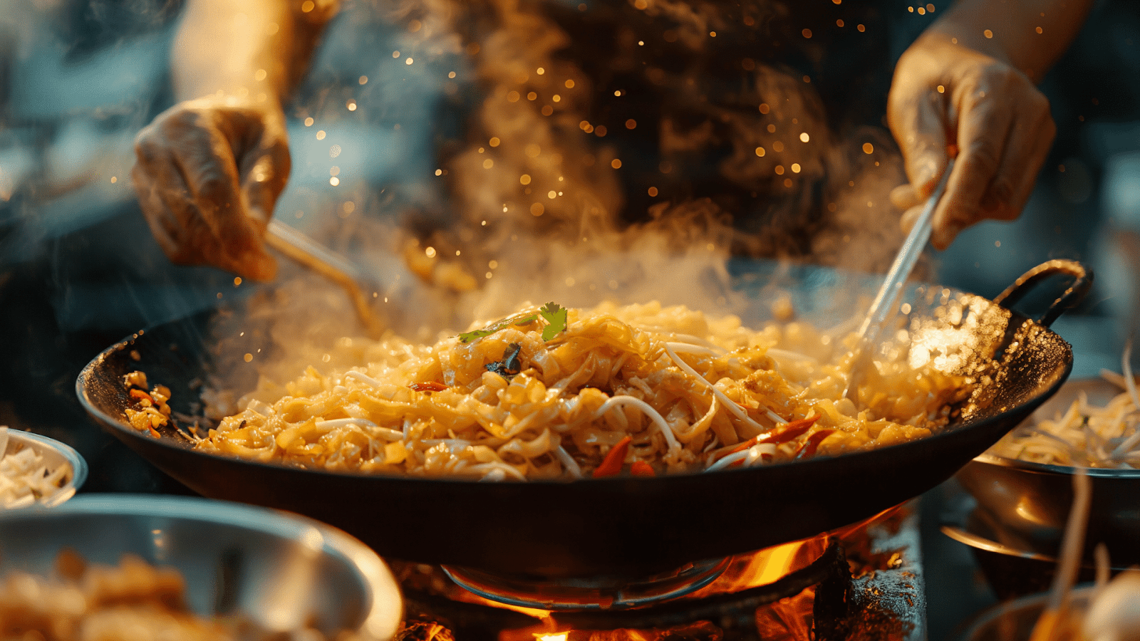 The sizzle of Pad Thai in a bustling Bangkok (Thailand) street market