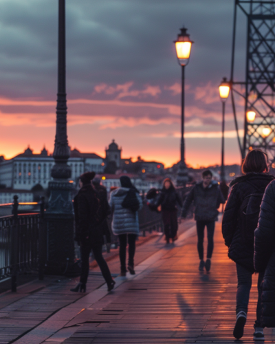 Dom Luís I Bridge in Porto at sunset with people walking and the cityscape in the background.