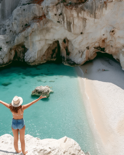 Tourist posing cliffside above a beach.