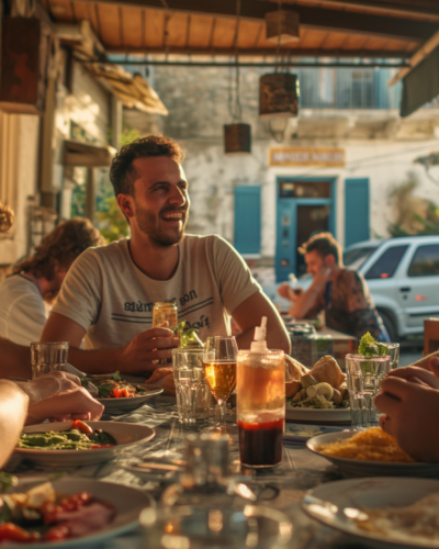 A group enjoying a meal at a taverna.