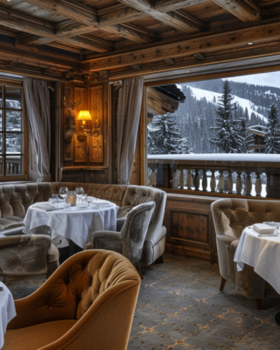 A fine dining restaurant with a view of the French Alps in Courchevel, France