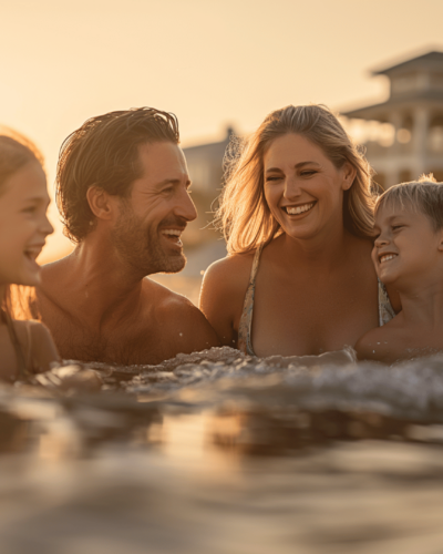 Family laughing while in one of the places to go swimming in Palmetto Dunes