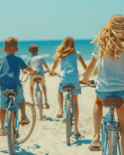 Kids biking along a beach trail at Palmetto Dunes showcasing what makes Palmetto Dunes unique as a family-friendly destination