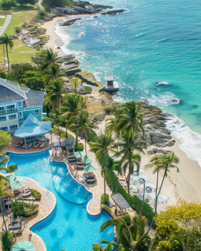 An aerial view of a family-friendly luxury resort in Dunmore Town, highlighting beach access and child-friendly amenities.