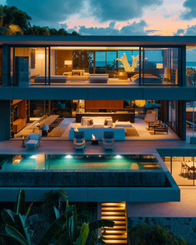 Luxurious beachfront villa with an infinity pool and modern architecture at sunset in Dunmore Town.