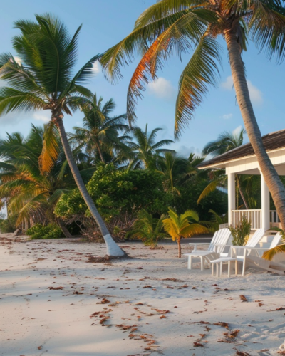 A glorious sunrise view from a quaint beachfront cottage with a pristine sandy beach in Dunmore Town.